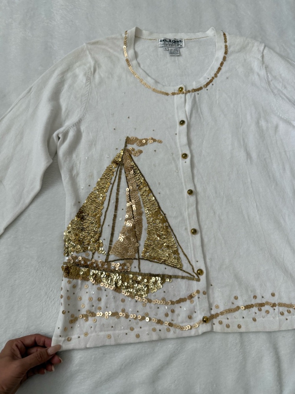 Vintage Sequin Sailboat Cardigan White Gold Button-Up Sweater Size L - Picture 3 of 8